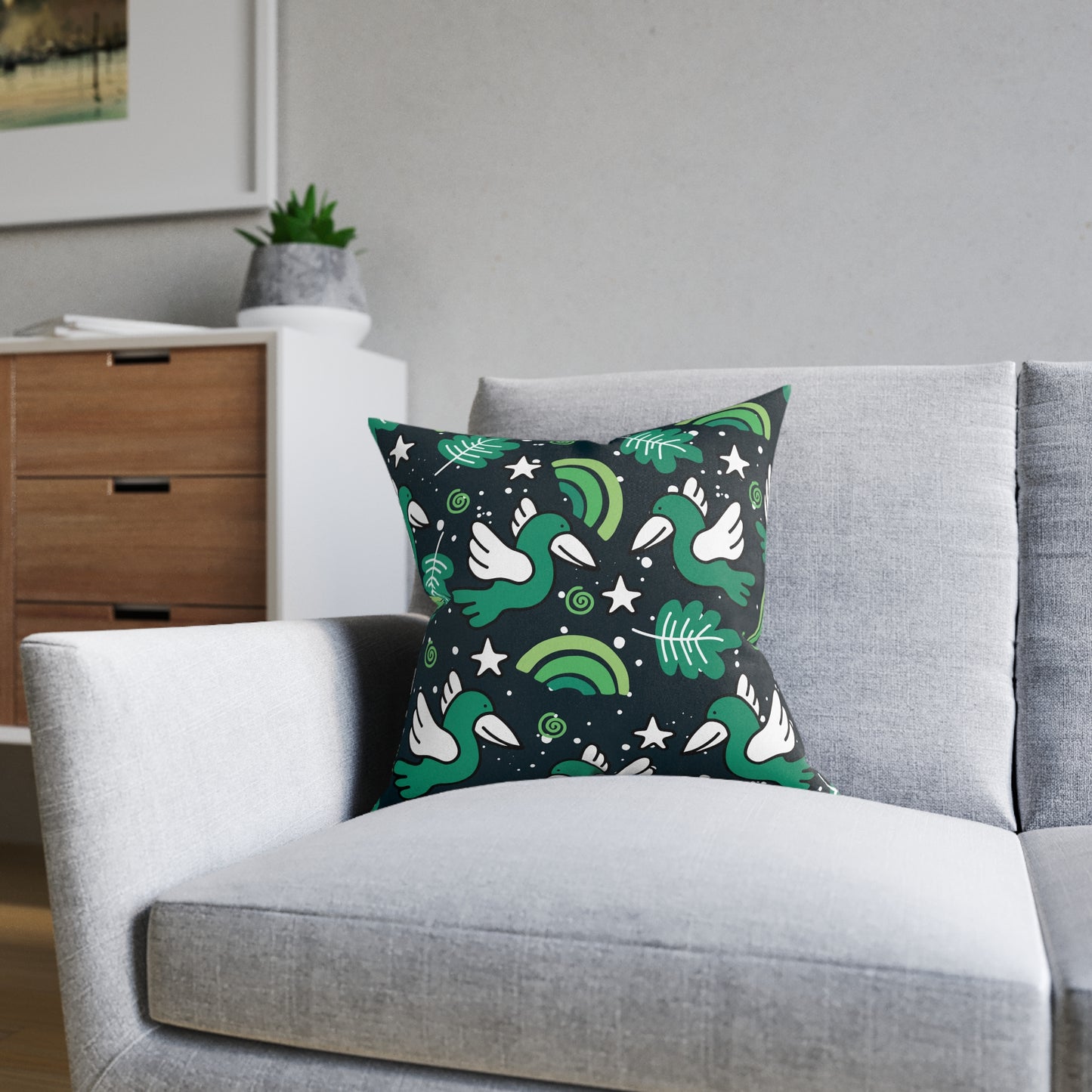 Decorative Pillow, Neutral Birds Illustration